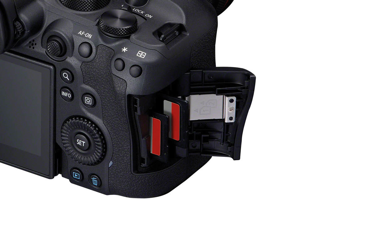 A pair of SD card slots can either be set to relay or backup-style recording; the media is cheap and available, too Canon R6 II: A pair of SD card slots can either be set to relay or backup-style recording; the media is cheap and available, too